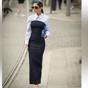 Zara Dark Navy Blue Denim Dress Medium Strapless Midi